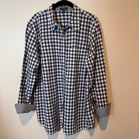 LRL Lauren Jeans Co Womens Navy White Gingham Button‎ Down Collared Shirt 1XL - Picture 2 of 15
